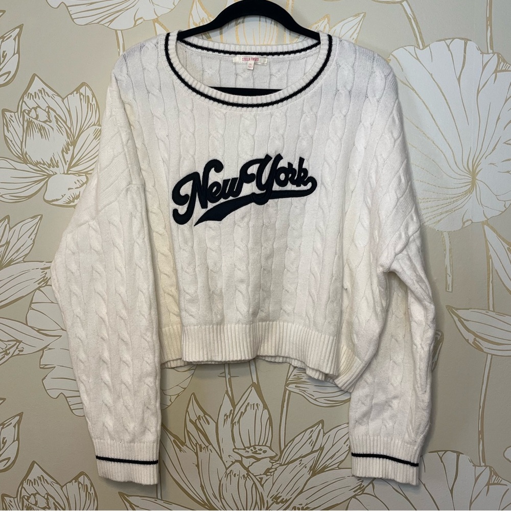 Stella Tweed New York White Cropped Cable Knit Sweater - Size XL - EUC